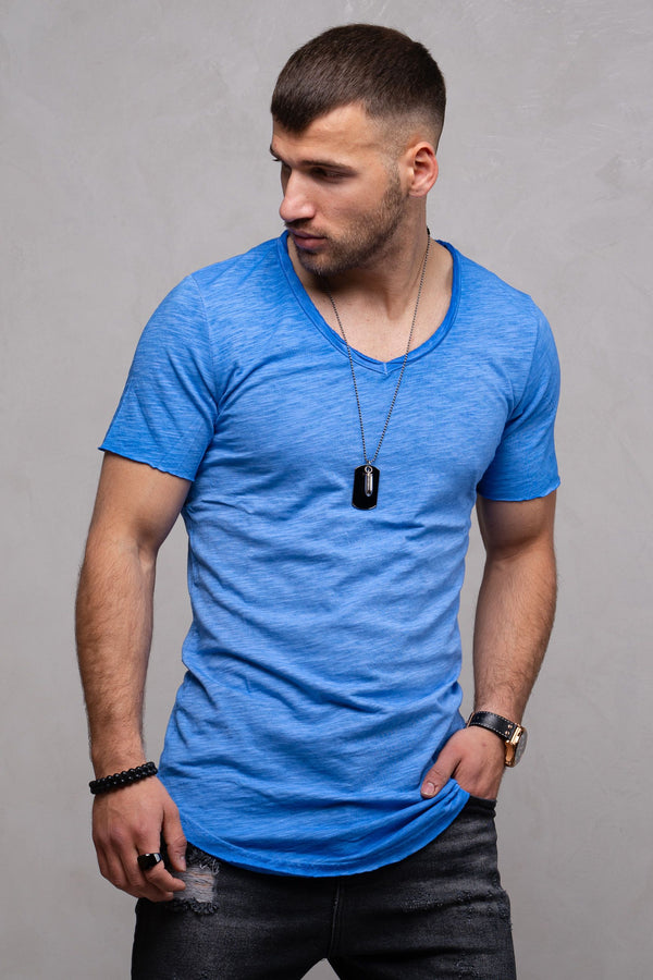 Longline T-Shirt V-Neck Blau 7102